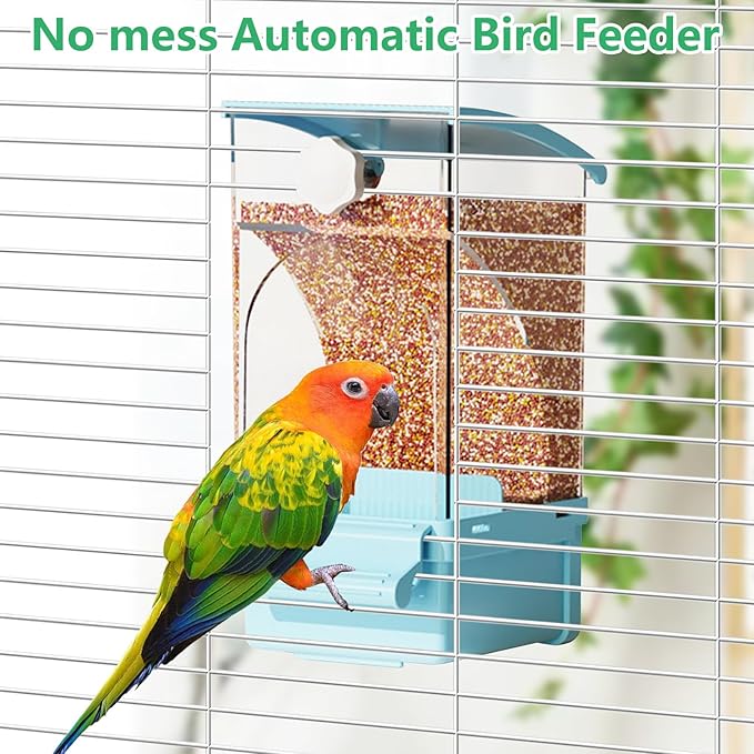 Hamiledyi 2Pcs Automatic Birds Feeder No Mess Bird Cage Feeder Transparent Acrylic Parrot Seed Food Container with Perch Bird Cage Accessories for Parakeet Finch Lovebirds Budgies Canary (Blue)