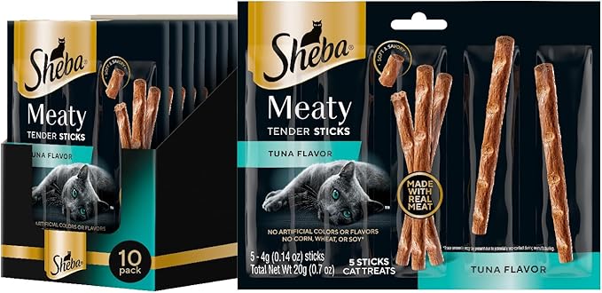 Sheba Meaty Tender Sticks Chicken Cat Treats, Tuna Flavor, Cat Snacks, 0.14 oz., 5 Count, Pack of 10 (50 Sticks Total)