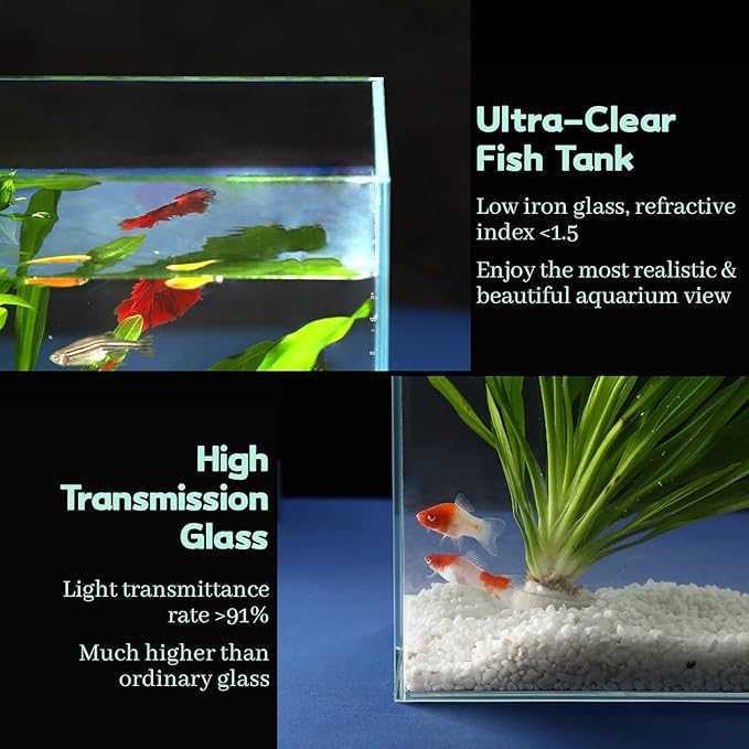 6.5 Gallon Ultra Clear Glass Fish Tank, Rimless Low Iron Aquarium for Betta/Nano/Goldfish/Snail/Shrimp, Fish Tank & Cover Set & Feeding Ring & Cleaning Tools