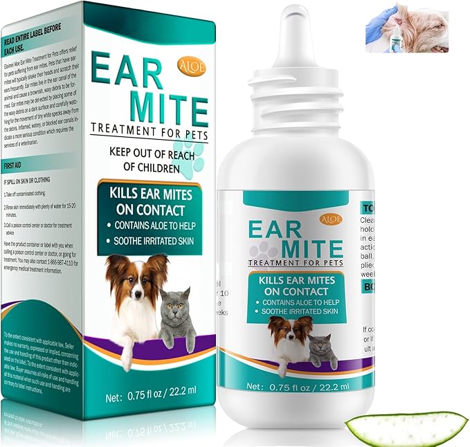 Ear Mites Clean for Dogs & Cat, with Aloe Vera, Cleaner on Contact & Soothes Itching, Vet-Recommended Formula for Pets Ear Cleaning, Fast-Acting