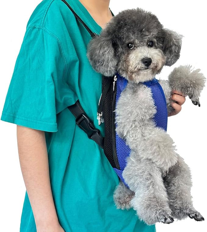 Pet Dog Carrier Backpack, Portable Breathable Mesh Chest Carrier, Polyester Woven Double Shoulder Pet Bag for Outdoor Adventures (SkyBlue, Large)