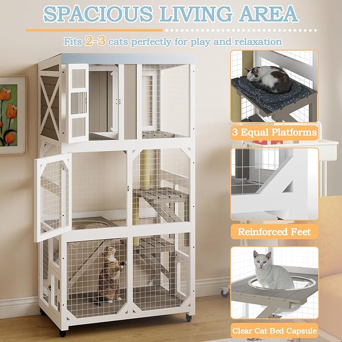 Large Wooden Catio Outdoor Cat Enclosure, Window Cat House with Wheels & 3 Platforms, Kitty Cage with Weatherproof Roof for Multiple Cats