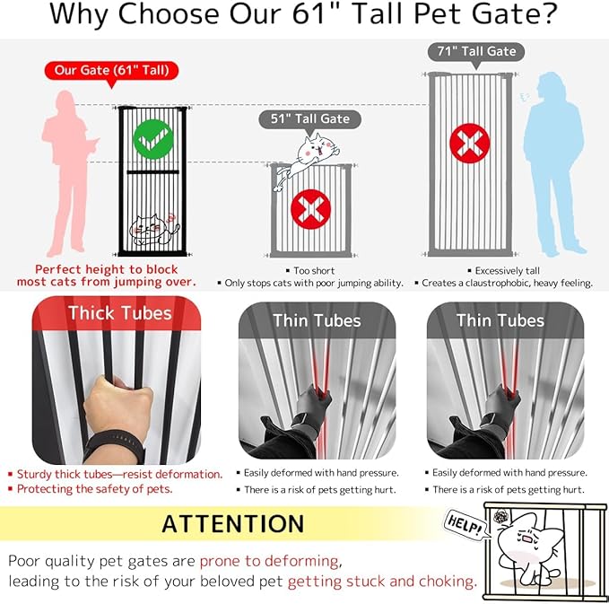 Lumizone Extra Tall Cat Gate 61.02" High Pressure Mounted Extra Wide 38.39"-59.24" (17Sizes) 1.37" Gap No Drilling Auto-Close Tall Pet Gate for Dogs (Black, 30.12"-59.24" W)
