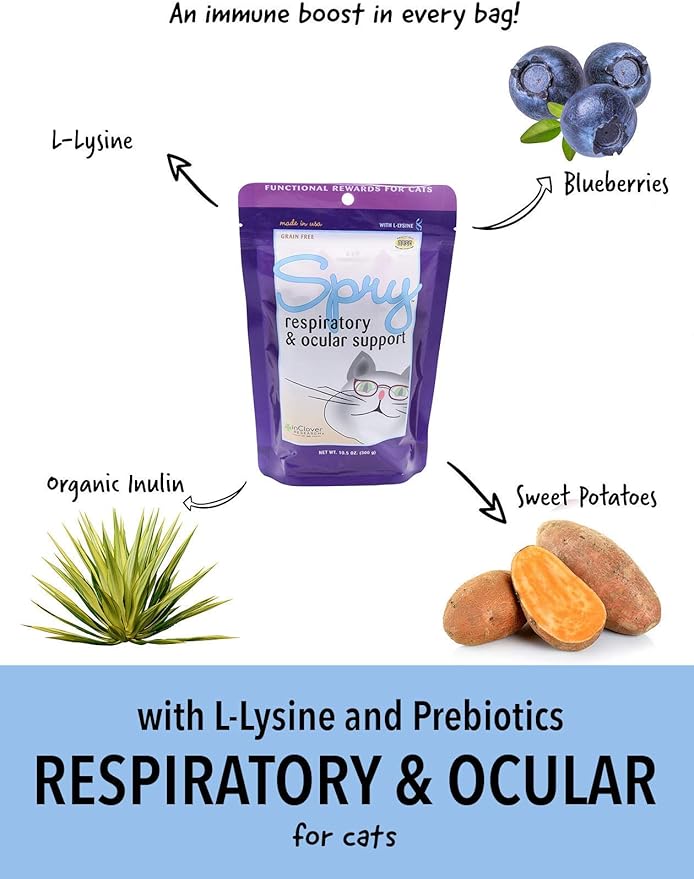 Clover Spry Cat Eye Care Support with L-Lysine, Immune & Respiratory Health Supplement, Prebiotic Antioxidant Daily Treat for Cats
