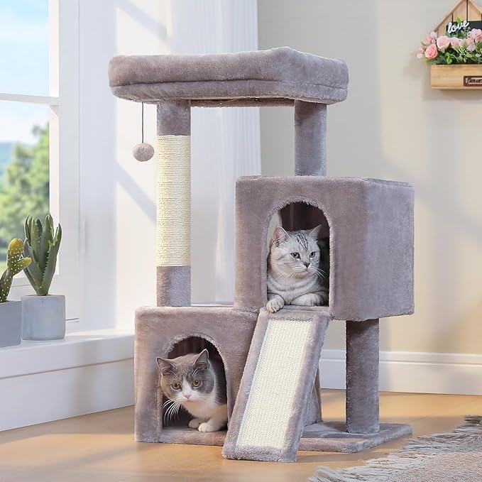 PAWZ Road Cat Tree, 35 Inches Cat Tower with Dual Condos for Adult Cats,Enlarged Top Perch, Scratching Posts&Pad for Indoor Cats-Gray