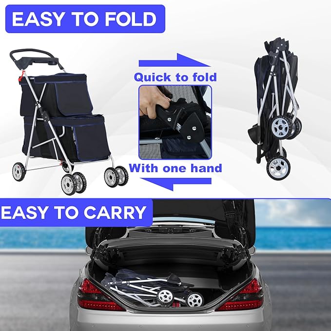 FDW 4 Wheels Pet Stroller Dog Cat Carriers Bag Lightweight Waterproof Folding Jogger Double Stroller with Cup Holders,Black
