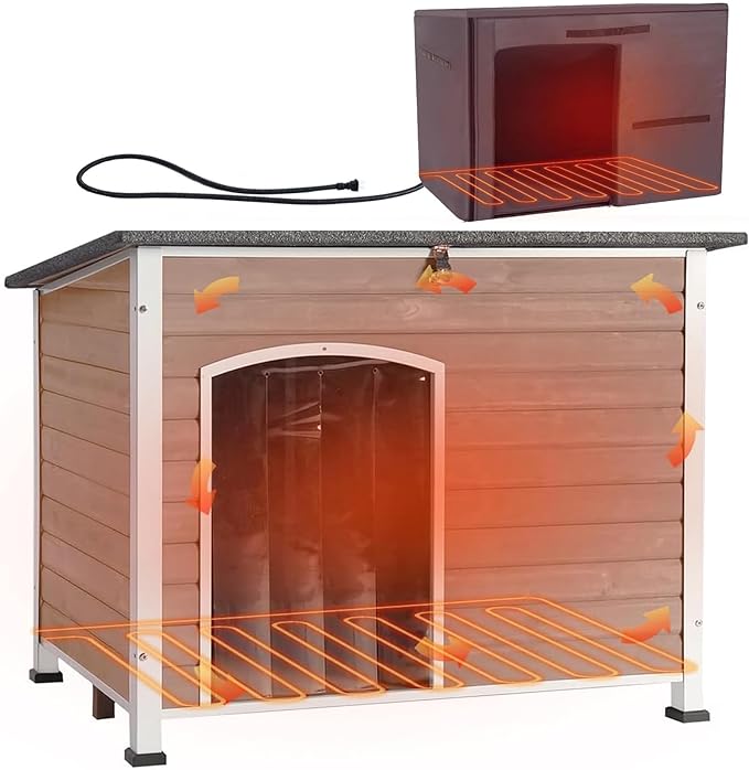 Aivituvin Dog House Outdoor Heated Dog Kennel with Insulated Liner All-Around Iron Frame Large Dog Cage for Small & Medium & Large Dogs,Light Brown