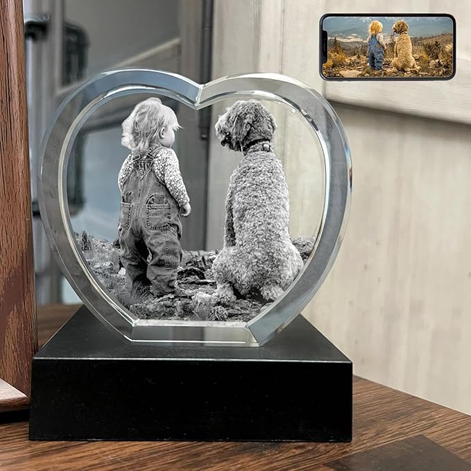 Dog Memorial Gifts for Pet Loss – Personalized Crystal Photo for Dogs & Cats, Custom Laser Etched Crystal (Heart Shape, Large-Size)