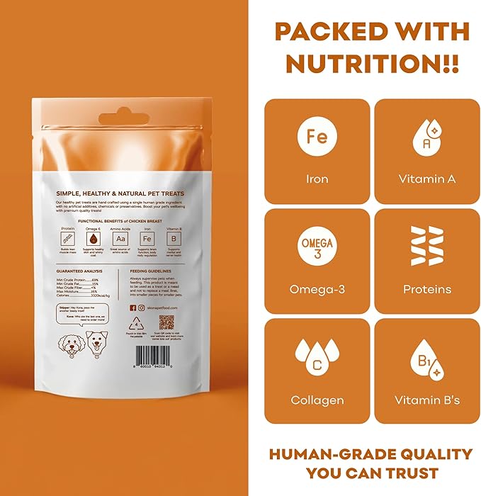 Skona PetFood Chicken Breast Jerky Dog Treats & Cat Jerky Treats, High Protein, Single-Ingredient Training Snacks, Grain-Free, USA Made, Rich in Taurine, Supports Digestion & Dental Health, 4oz