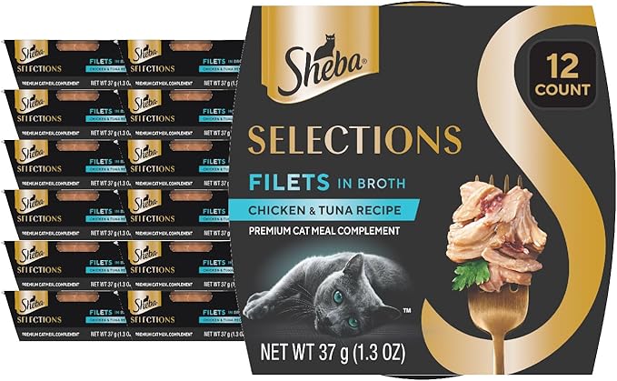 Sheba Selections Filets in Broth, Adult Cat Food Wet Recipe, Meal Complement, Wet Cat Food Variety Pack, Chicken & Tuna Recipe, 1.3 oz. Cups, 12 Count