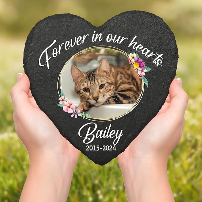 DOPTIKA Forever in Our Hearts, Cat Memorial Gifts for Loss of Cat, Personalized Cat Memorial Stones with Photo, Pet Memorial Stone for Cats, Pet Sympathy Gift, Bereavement Gifts for Loss of Pet