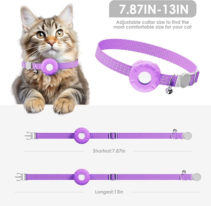 Cat GPS Tracker for Cats, Cat GPS Tracker Collar with Safety Elastic Buckle, Compatible with Apple Find My App (Only iOS), No Monthly Fee, Purple