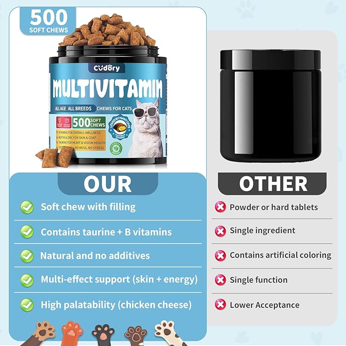 Taurine for Cats Vitamins Treats Snacks – Cat Multivitamin 500 Crunchy & Creamy Chews – Supports Immune, Joints, Digestion, Skin & Coat – Daily Healthy Supplement for Cats of All Ages (90-Day Supply)