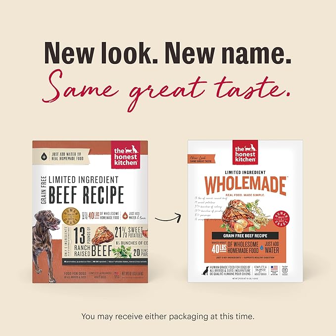 The Honest Kitchen Human Grade Wholemade™ Dehydrated Dog Food, Limited Ingredient Dehydrated Dog Food, Beef, 10 lb (makes 40lbs)
