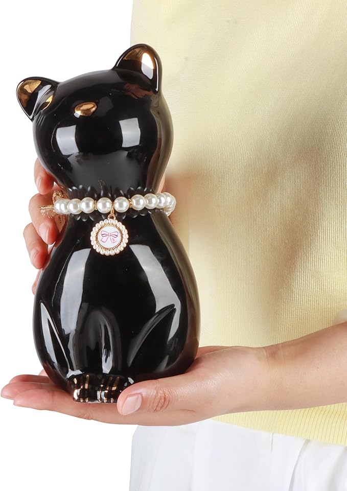 Cat Urns for Ashes, Elegant Ceramics Pets Cremation Keepsake, Funerary Urns Black Pet Urn for Cats Memorial Box with Personalized Necklace (20lbs)