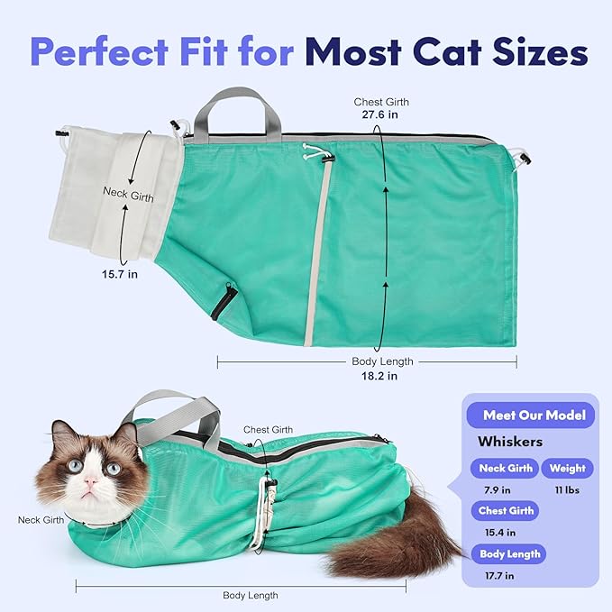 Cat Bathing Bag Anti Scratch Bite Breathable Mesh - Adjustable Cat Grooming Bag for Nail Trimming, Injections, Medication, Dental Care, Vet Visits, Cats Shower Bag with Zippers,Green