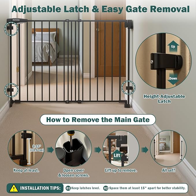 Mumeasy 29.5-43.3" Baby Gate for Stairs, No Bottom Bar Dog Gate with Removable Door & Slide-Adjust Drill Mount, Extra Wide Stairway & Hallway Walk Thru Pet Safety Gate for Doorways, Kitchen (Black)