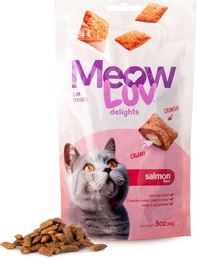 Ultra Chewy Meow Luv Delights Crunchy Cat Treats with Creamy Center - Salmon Flavor - Premium Cat Snacks - Soy-Free Recipe - Healthy Treats for Indoor Cats - 4 Pack