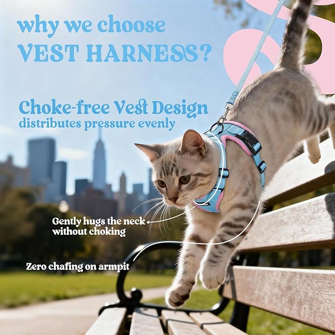 rabbitgoo Cat Harness and Leash for Walking, Escape Proof Soft Adjustable Vest Harnesses for Cats, Easy Control Breathable Reflective Strips Jacket, Light Blue&Pink, XXS