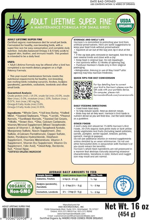 Harrison's Bird Foods Adult Lifetime Certified Organic Non-GMO Formula Small Bird Food 1lb