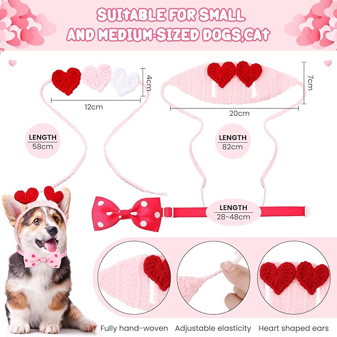 MTLEE 4 Pcs Valentines Day Heart Headband Neck Bow for Cat 2 Pet Neck Bow Cat 2 Headbands Valentines Day Headband with Ear Holes and Chin Straps Adjustable Dog Bows Tie Pink Red Heart Decor for Pets