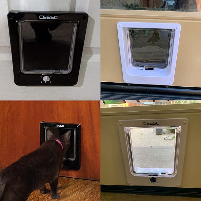 CEESC Large Cat Door for Interior/Exterior Door, Weatherproof, Black, Rotary 4 Way Locking Pet Door for Cats & Dogs with Circumference < 23.62", Upgraded Version