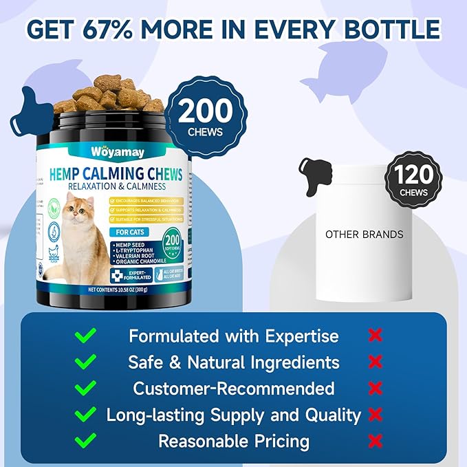 Hemp Cat Calming Treats, 200 Treats Calming Chews for Cats for Anxiety & Stress Relief, Calming Treats for Cats with Hemp Oil, Melatonin Cat Calming Chews for Stress | Sleep | Separation