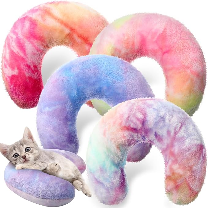 Sweetude 4 Pcs Pillows for Cats Puppy Bed Fluffy Pet Calming Soft Gifts Half Donut U Shaped Pet Neck Pillow Training Joint Relief Cervical Protection(Tie Dye,Medium)