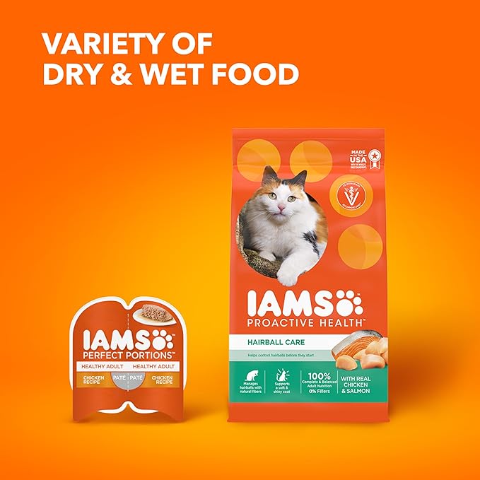 IAMS Proactive Health Dry Cat Food Hairball Care, Adult Cat Food, with Real Chicken and Salmon, 3.5 lb. Bag