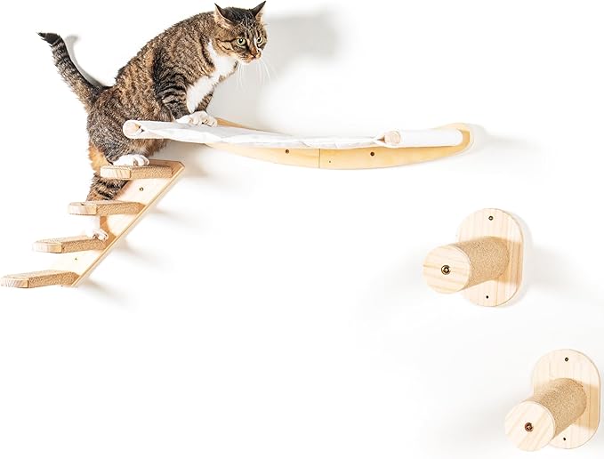 Wall Mounted Cat Shelves – 4-Piece Hammock Set with Ladder & Steps for Small & Large Cats – 45 lb Capacity Wall Mounted Cat Furniture