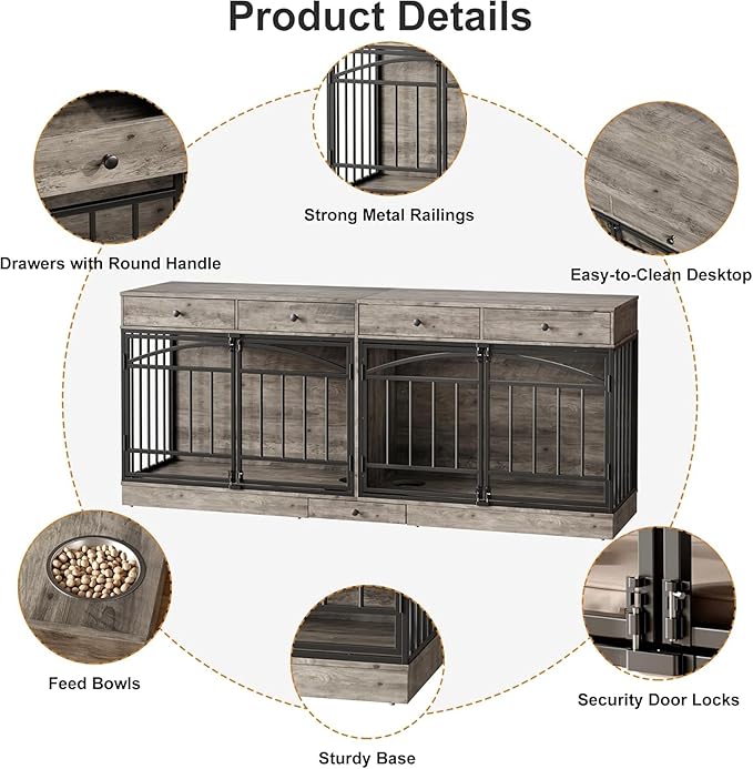 GAOMON Dog Crate Furniture for 2 Dogs, 78.7'' Large Dog Kennel Indoor with 4 Storage Drawers and Feeding Bowls, Double Dog Crate TV Stand for Small and Medium Dogs, Gray