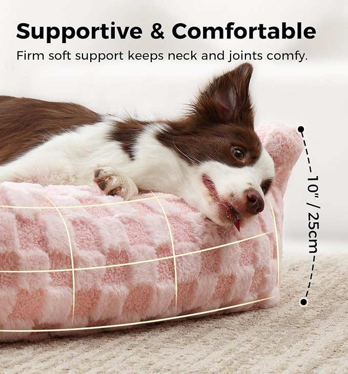 Made4Pets Dog Couch Bed, Soft Faux Fur Checkered Indoor Pet Sofa, Comfortable Fluffy Dog Sofa with Supportive Foam, Removable Washable Cover with Non-Slip Base, Pink, Large