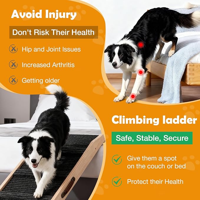 43" Long Dog Ramp with Landing Platform for Bed, Couch & Car - 6 Level Adjustable Height (10.8" to 23.6"), Foldable Wooden Pet Ramp with Non-Slip Surface, for Small, Medium & Old Dogs Up to 140 LBS
