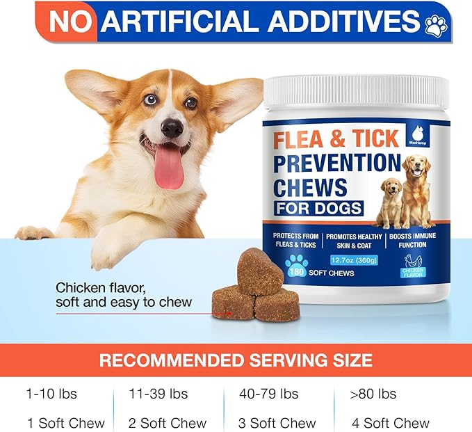 Flea and Tick Prevention for Dogs Chewables-180 Cts, Natural Dog Flea and Tick Treatment, Oral Flea Pills for Dogs Puppy, Skin & Coat Support Supplement, Soft Chews, Chicken Flavor