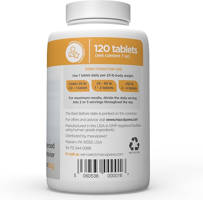 maxxipaws maxxicalm Natural Calming Supplement for Dogs - 120 Non-Drowsy Tablets