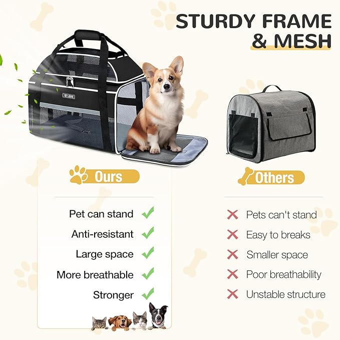 Lekereise Top-Expandable Pet Carrier 18x13x9.5 Inch Southwest Frontier Airline Approved Soft Sided Underseat to 15lbs Travel Carriers for Small Cats Dogs with Locking Safety Zippers Anti-Scratch Mesh