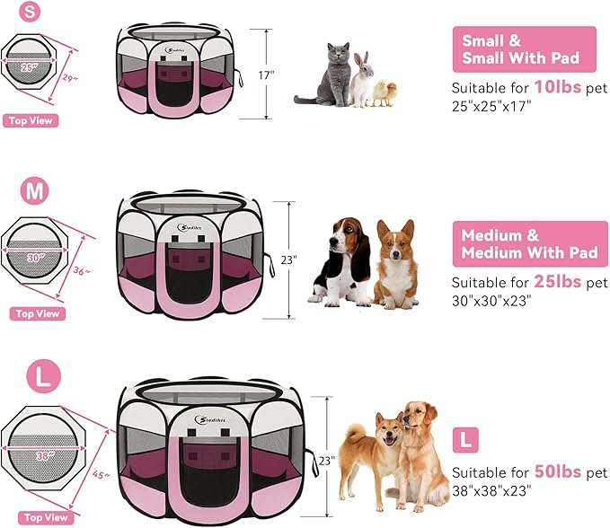 Pink Puppy Playpen for Middle Dog Cat, Dog Tent Crates Cage Indoor/Outdoor, Portable Pop Up Dog Kennel with Carrying Bag for Rabbits, (Pink, Medium)