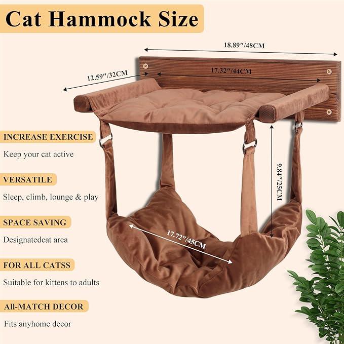 JSPYFITS Wooden Cat Wall Hammock, 18.9 x 12.6 Inch Double Layer Cat Furniture Hammock, Large Removable Multi-Function Cats Bed for Sleep/Play/Climb/Lounge Easy DIY Installation(Brown)
