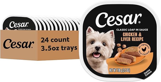 Cesar Classic Loaf in Sauce Adult Wet Dog Food Chicken and Liver Recipe, 3.5 oz. Easy Peel Trays, 24 Count (Pack of 1)