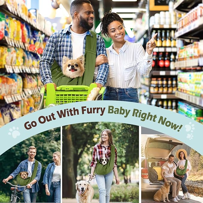 Pawaboo Small Dog Sling Carrier, Reversible Hands Free Dog Sling Carriers for Small Dogs and Cats, Puppy Slings Carrier with Safety Harness, Puppy Essentials, Matcha Green