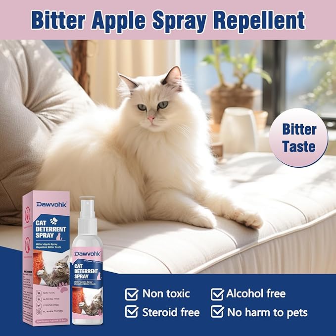 Bitter Apple Cat Deterrent Spray, Natural Non-Scratch Spray Alcohol-Free Formula, Safe Indoor & Outdoor Training Aid, for Dogs and Cats, Curtains, Furniture, Sofas, Cushions，120ml/1PC