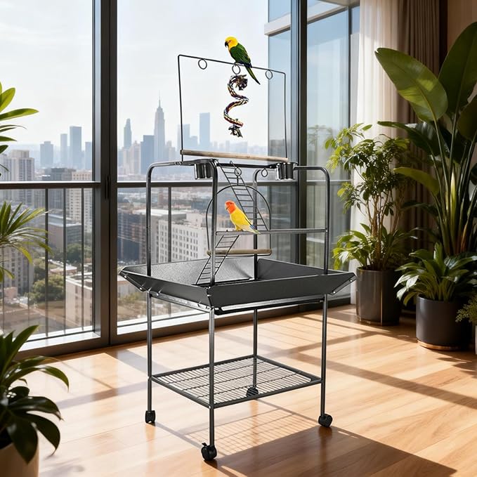 Small Parrot Playstand with Wheels, Bird Stand Activity Play Center with Perches and Ladders, Indoor Outdoor Playground for Birds with Swing Black Hammertone Finish
