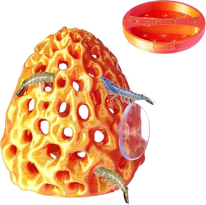 Shrimp Dome Hide, Shrimp Hides for Aquarium, Betta Fish Hideout with Suction Cup, Betta Habitat Tank Ornament Accessories, Aquarium Decor for Small Fish Guppy Hiding Resting (Lid Gold Red)