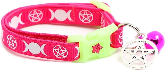 Wicca Cat Collar with Occult Charm & Bell | Witch’s Familiar Cat Collar | Witch Kitten Collar Charms | Glow in The Dark | Safety Breakaway Collar (Small(10lbs & Less), Bright Pink)