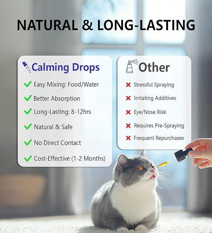 Calming Drops for Cats, Helps to Manage Stress & Anxiety, with Pheromones That May Help Curb Destructive Behavior & Separation Anxiety, Health Supplement for Cats, Sedative-Free, 2 floz