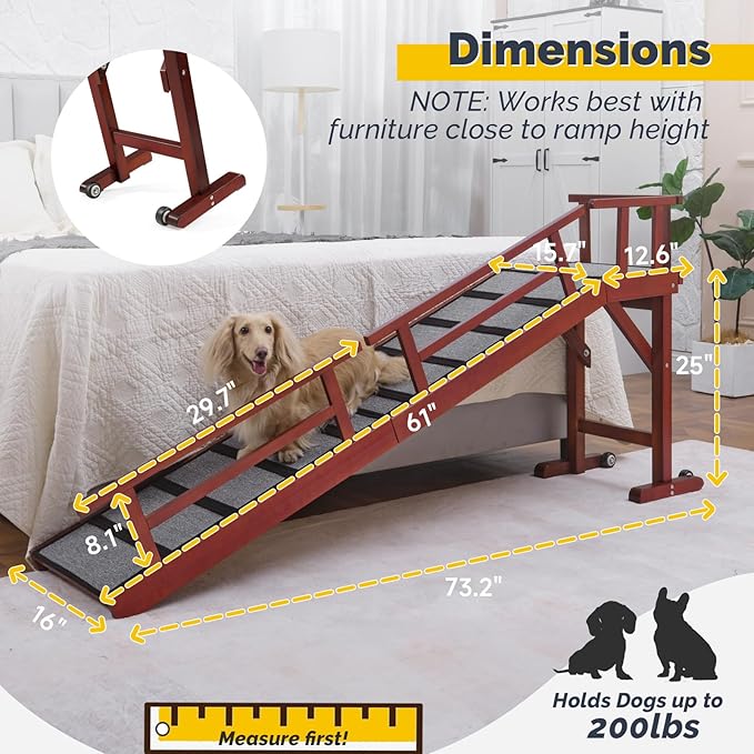 Dog Ramp for Bed or Couch, Wooden Pet Ramp with 20° Gentle Slope, Removable Side Rails, Non-Slip Surface, Top Platform & Wheels, Safe Bed Ramp for Small, Large & Senior Dogs, 74" Long, Mahogany