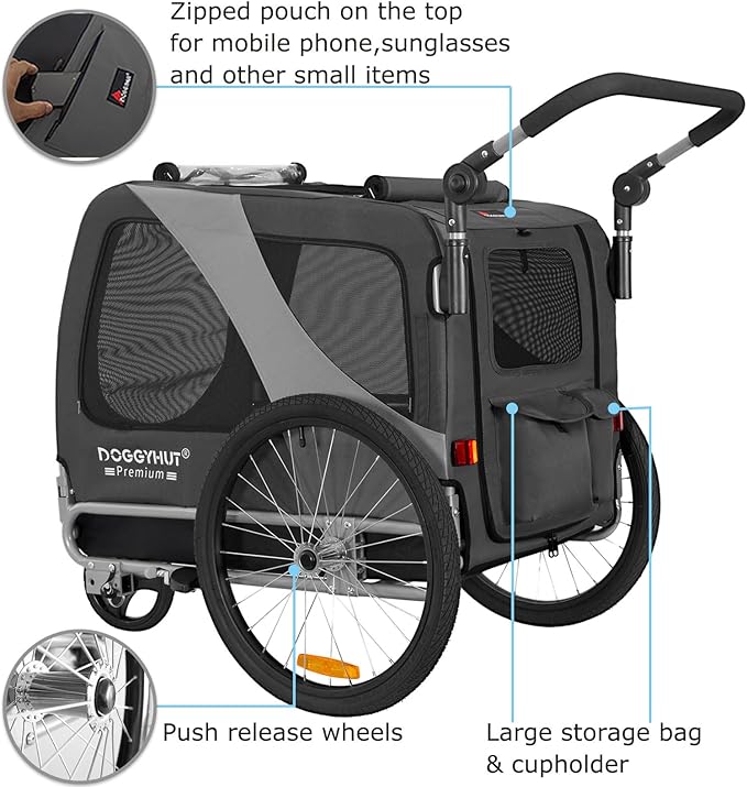 DOGGYHUT® Premium Large/XL Pet Bike Trailer & Stroller for Large Sized Dog or Multiple Small Dogs,Low Center of Gravity,Parking Brakes,Easy Folding Frame,Bicycle Carrier