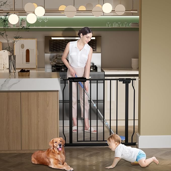 Extra Wide Baby Gate Extra Wide Extra Tall Dog Gates for Stairs Doorways Black Metal Tension Indoor Safety Gates with Pressure Mount 57.5-62 Inch