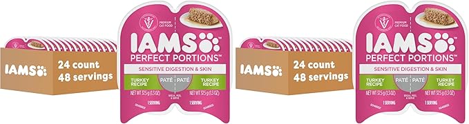 IAMS Perfect Portions Sensitive Digestion & Skin Adult Wet Cat Food Pate, Turkey Recipe, 2.6 oz. Easy Peel Twin-Pack Trays (24 Count, 48 Servings) (Pack of 2)