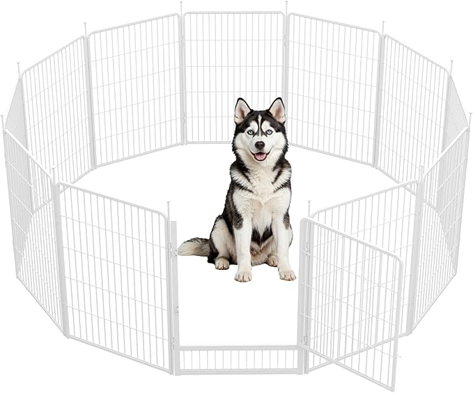 SunsGrove Dog Play Pen Indoors, 40 Inch 12 Panels Dog Playpen for Medium and Large Dogs, Easy Setup Anti-Rust Pet Fence, White